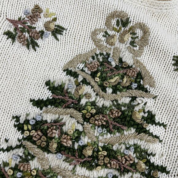 Vintage Christmas Tree Sweater Ivory Neutrals Gold Beaded Embellished by Tiara - Picture 5 of 8